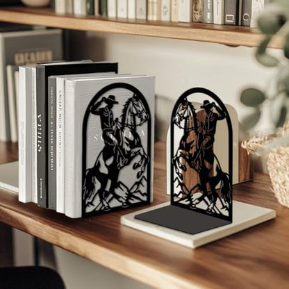 Peacoblue 5.3"x4.3"x7.9" Metal Bookends, Heavy Duty Book Ends for Shelves - style: Cowboy Horse Riding