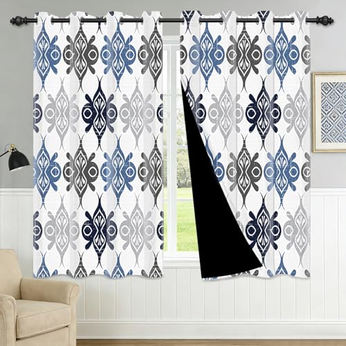 Blue Gray Moroccan Geometric Blackout Curtains, Vintage Boho Medallion Curtains for Bedroom Living Room, Room Darkening Window Drapes with Grommet Top, 2 Panels, 52W x 63L - color: 05 White - Blue Grey, size: 52"W x 63"L (Pack of 2)