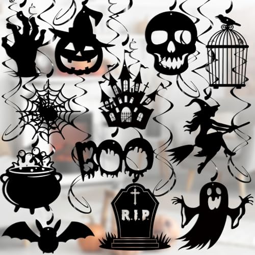 Halloween Hanging Swirls, 30Pcs Hanging Halloween Ceiling Streamers Black Spooky Ghost Claw Bat Pumpkin Swirls for Classroom Office Indoor Outdoor Party Supplies - color: Halloween Black