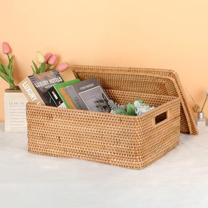 Hipiwe Rattan Basket Box with Lid X-Large Wicker Lidded Decorative Baskets - size: 17"L x 13"W x 6.7"H