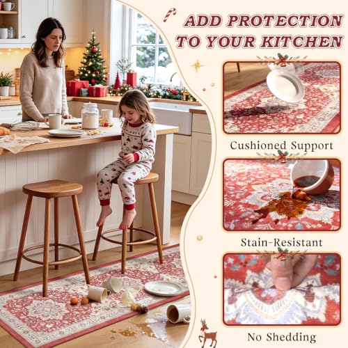 Red Christmas Kitchen Rugs Set of 3 Boho Washable Kitchen Floor Mats - color: Xmas Red, size: 20"x32"+20"x48"+20"x59"
