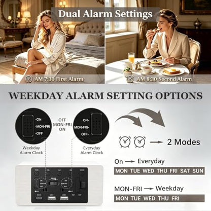 Premium White Wooden Digital Alarm Clock with Wireless Phone Charger, USB Charging Ports, Dimmable LED Display, Date & Day of Week, Temperature, Digital Desk Clock for Bedroom Nightstand Bedside Table - color: White