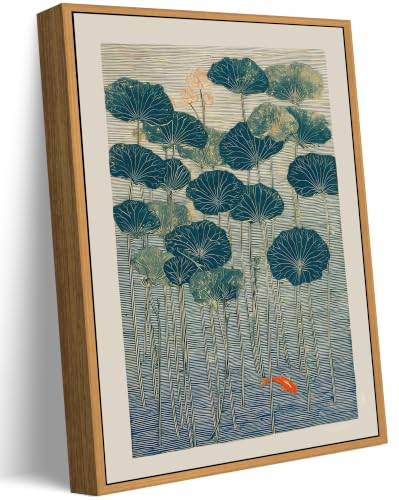 Floating Framed Lotus And Koi Canvas Wall Art, Vintage Japanese Botanical Pond Painting Picture Wall Decor, Minimalist Zen Poster Print Artwork for Bedroom Zen Meditation Room Home Decoration 8x10in - color: Lotus And Koi, size: 10"L x 8"W