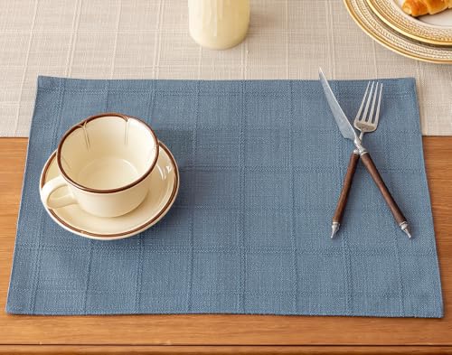 Linen Checked Placemats Set of 6, Blue Rustic Place Mats 12x18 Inch - color: Blue, size: 12×18 Inch (Set of 6)
