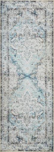 Bloom Rugs Washable Non-Slip 7 ft Runner - Beige/Blue Traditional Runner for Entryway, Hallway, Bathroom, and Kitchen - Exact Size: 2.5' x 7' - color: Beige / Blue, size: 2'6" x 7' (Runner)