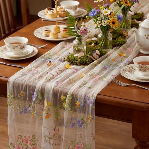 Ivory White Floral Table Runner 10ft Embroidery Tulle Spring Wildflower Table Runner Seasonal Summer Butterfly Kitchen Dining Gauze Decoration for Wedding Baby Shower Birthday Party (1 Pcs) - color: Ivory White