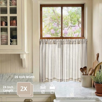 jinchan Linen Striped Tier Curtains for Kitchen Windows Farmhouse - color: Striped Chocolate Black | on Beige, size: 26"W x 24"L (Pack of 2)