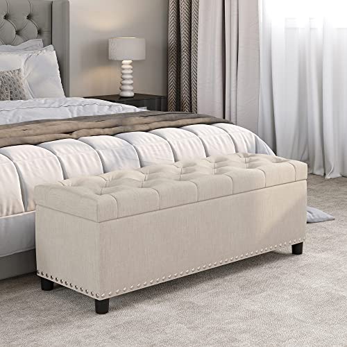 BELLEZE Storage Ottoman, Tufted Ottoman with Close Hinge, Foot Rest for Living Room (Beige, 47 inch) - color: Beige a