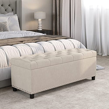 BELLEZE Storage Ottoman, Tufted Ottoman with Close Hinge, Foot Rest for Living Room (Beige, 47 inch) - color: Beige a