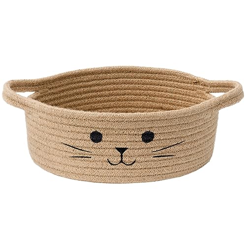 Small Woven Rope Cat Toy Basket with Cat Face Design, Jute - color: Jute, size: 9.8"W x 4"H