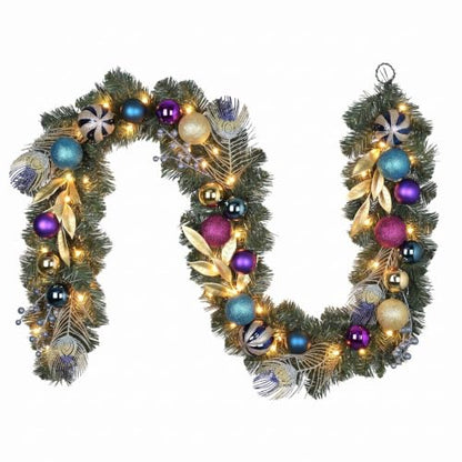Valery Madelyn 6ft Pre-Lit Christmas Garland with Peacock Feather & Balls - color: Peacock, size: 6 feet