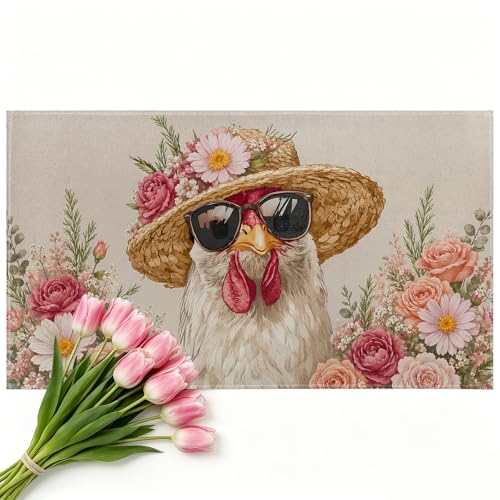 Funny Chicken Floral Door Mat Indoor 17x29.5 Inch, Rustic Garden Doormat for Kitchen Bathroom, Farmhouse Bloom Decorative Floor Pad Gifts, Nonwoven Entry Rug, Non Slip Dot Plastic Backing - color: Chicken