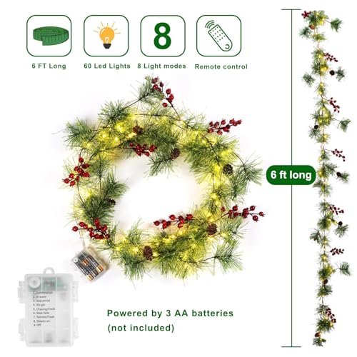 Christmas Garland with Lights, 6 FT Battery Operated Garland with 60 LED Lights, Timer, Lighted Garland with Berries Pine Cones for Mantle Stairs Railing Home Xmas Decoration Indoor
