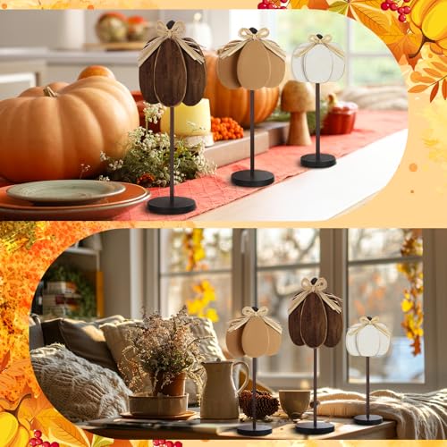 Thyle 3 Pcs Fall Pumpkin Decor, Wooden, Khaki,Grey,White - color: Khaki,grey,white