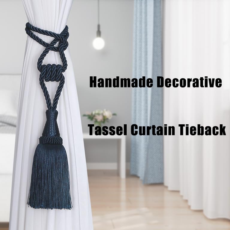 BEL AVENIR 2 Pack Tassel Curtain Tiebacks Handmade Holdbacks (Navy) - color: Navy, size: 2 Pack
