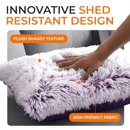 Cheer Collection Throw Pillows for Couch and Bed, Soft Shaggy Throw Pillows with Inserts Included, Cozy Long Hair Faux Fur Pillows - Set of 2-12" x 20" - Purple - color: Purple Ombre, size: 12" x 20"