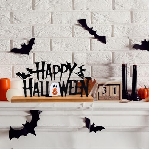 Metal Happy Halloween Sign Halloween Table Decorations with Wooden Base - color: Black