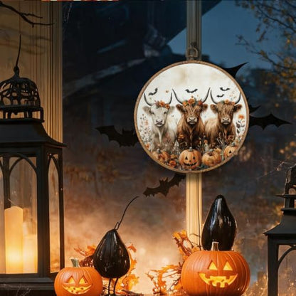 Halloween Highland Cow Pumpkin Round Wall Art, Halloween Picture Wall Decor - color: Highland Cow-2
