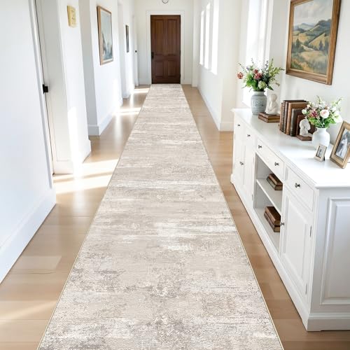 Washable Abstract 3x25 Runner Rug - Extra Long Hallway Runner Rug 25 ft Non Slip Stain Resistant Carpet for Entryway Living Room Stair Indoor Modern Home Decor Low Pile Mat 3x25 Beige - color: Beige, size: 3' x 25' (Runner)