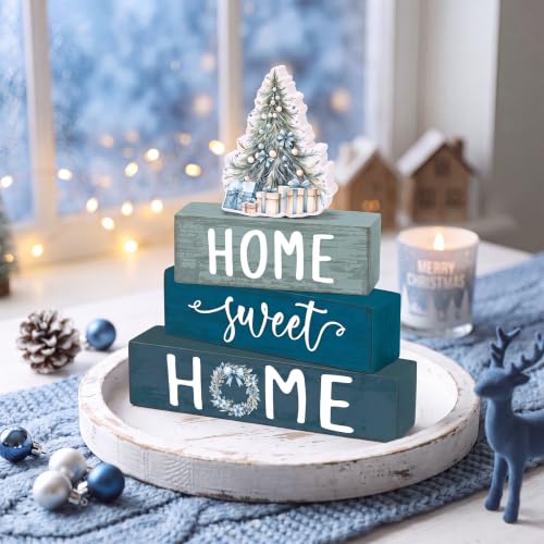 Cinnvoice 4 Pcs Blue Christmas Wooden Home Sweet Home Block Shelf Decor - style: Blue Christmas