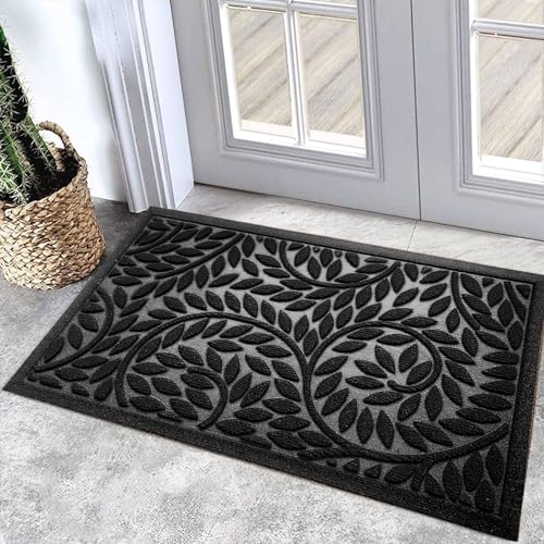 Bulijojo Front Door Mat Entrance,Durable Heavy Duty Welcome Mat,Thick Absorbent Natural Rubber Non Slip Mat,Sturdy Entryway Black, 17"x30" - color: Black, size: 1'5" x 2'6" (Leaf)