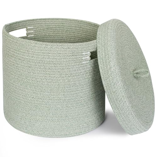 Storage Basket with Lid, Woven Blanket Storage for Living Room, Cotton Rope Bin with Lid, Round Wicker Laundry Basket with Cover, Lidded Kid Dog Toy Box, Nursery Organizer, 15"x13", Green