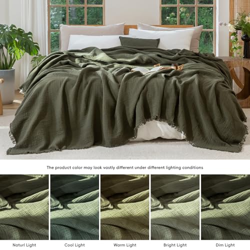 MooMee 100% Cotton Muslin Blanket, Fringed 4-Layer Gauze Bed Couch Throw - color: Olive Green, size: Throw