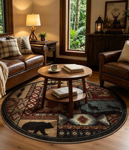 YIHOUSE 세탁 가능한 러스틱 캐빈 라운드 러그, 1.2m(4피트) - color: 브라운., size: 4' (Round)