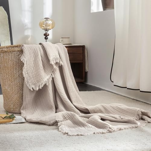 FOSSA Muslin Blanket 4-Layer 100% Cotton Gauze Blanket with Fringe 66"x90" - color: Beige Gray, size: Twin XL (66" × 90")