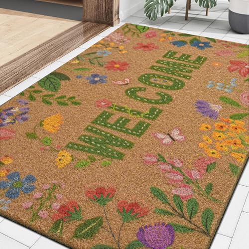 Likiyol Floral Coir Door Mat Outside Entrance, Colorful Flower Welcome Mat Front Door Mats Non Slip Spring Doormat Outdoor Indoor Entrance, Low Profile, 24" x 36" - color: Brown, size: 2' x 3' (Rectangular)