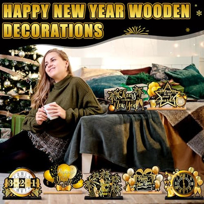 Marsui 12 Pcs Happy New Year Wooden Signs Fall Pumpkin Ghost Cat - style: Happy New Year