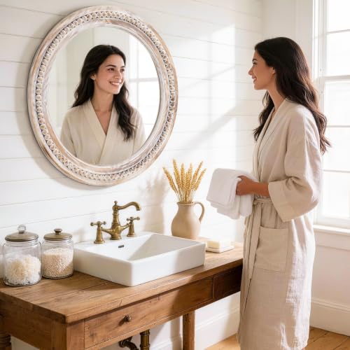 27 Inch Wooden Round Beaded Wall Mirror,Farmhouse Wood Round Mirror - color: Natural