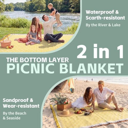 RYCHIC 2 in 1 Extra Large Outdoor Rug Picnic Blanket Camping Mat Lightweight Oversized Giant Turkish Boho Beach Mexican Serape Baja Cobijas Mexicanas para Mesa Park Stadium Outside Grass Hammock - color: Yellow, size: 70''*70''