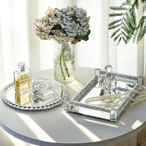 10" x 10" Round Vanity Tray, Crystal Perfume Mirror Tray Jewelry Trinket - color: Clear,round
