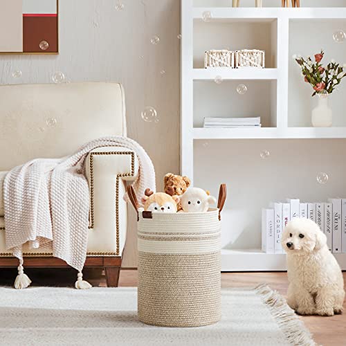 VIPOSCO 30L Small Woven Rope Laundry Hamper, Leather Handles, Brown & White - color: Brown & White, size: 30L