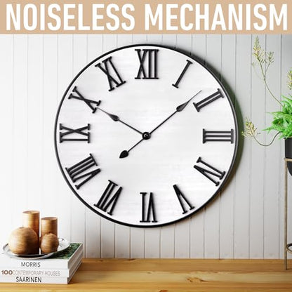 Large Wall Clock 24" Round, Silent Metal & Wood with Big 3D Roman Numerals - color: White