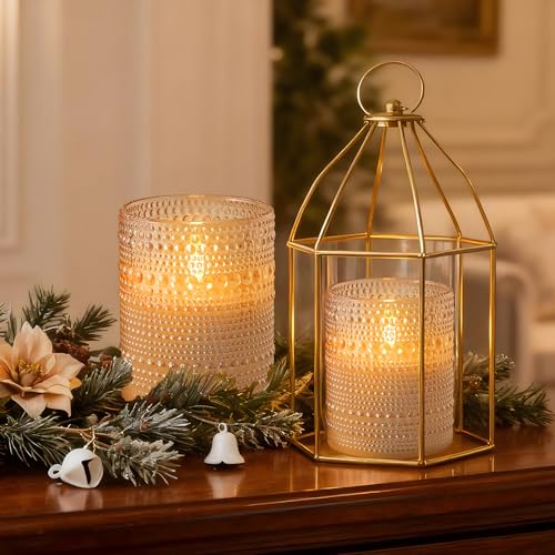 Gold Dotted Glass Real Wax Flameless Battery-Operated LED Pillar Candles - color: Gold