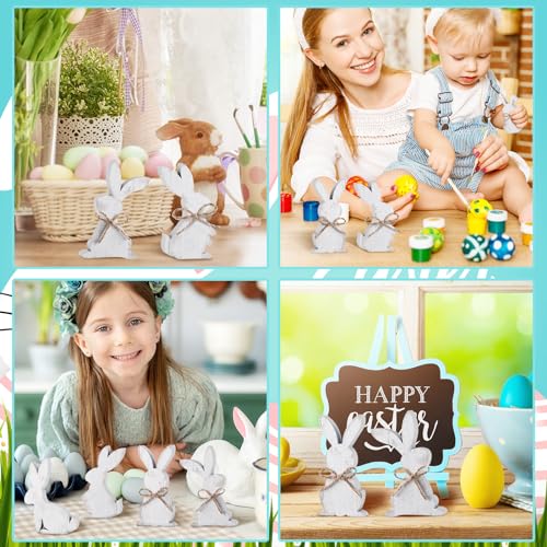 Thinkday 6 Pcs Easter Bunny Wooden Signs Rabbit Spring Table Signs for Home Office Table Wood Bunny Easter Decorations with Ribbons for Tiered Tray Mantel Shelf (Simple Style) - style: Simple Style
