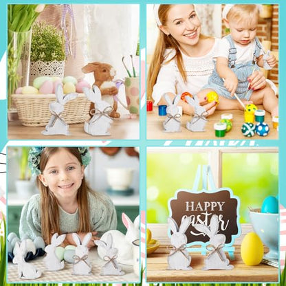 Thinkday 6 Pcs Easter Bunny Wooden Signs Rabbit Spring Table Signs for Home Office Table Wood Bunny Easter Decorations with Ribbons for Tiered Tray Mantel Shelf (Simple Style) - style: Simple Style