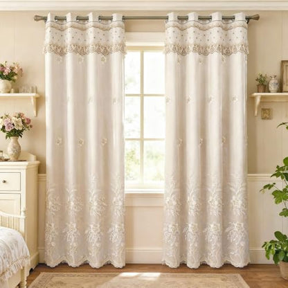 Amidoudou 1 Pair European Double Layer Curtains for Living Room Bedroom Luxury Flower Embroidered Curtains with Valance (Beige,52x96 Inch) - color: Beige, size: 52"W x 96"L (Pack of 2)