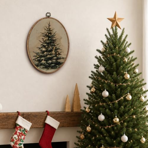 Yorhifa Vintage Christmas Tree Framed Wall Art, Winter Rustic Pine Tree Oval Wall Art, Antique Winter Xmas Oval Walls Decor, Farmhouse Christmas Holiday Canvas Artwork Hanging Decor, 8.5x11.5in - color: vinatge christmas