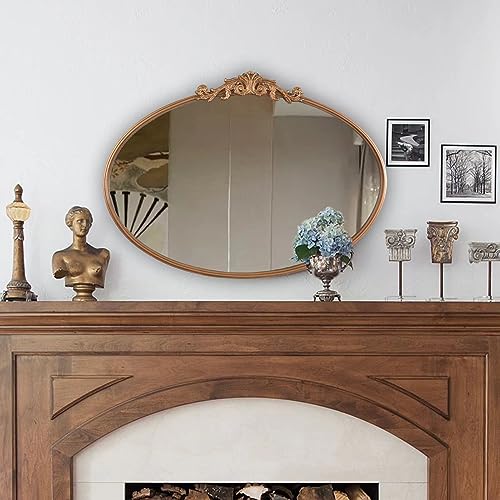 OUSHUAI Gold Oval Mirror for Wall,Baroque Fireplace Decor,Brass Wall Mirror,Victorian Vintage with Full Matel Frame,Ornate Entryway/Bathroom/Living Room/Hallway 36''X24'' (XD-004ZM) - color: Retro Gold, size: 24"L x 36"W