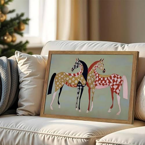 Framed Vintage Horse Canvas Wall Art, Abstract Two Patterned Horses Print, Geometric Equestrian Animal Artwork, Modern Western Folk Style Wall Decor for Living Room Bedroom Office 16x24in - color: Abstract Horses, size: 24"L x 16"W