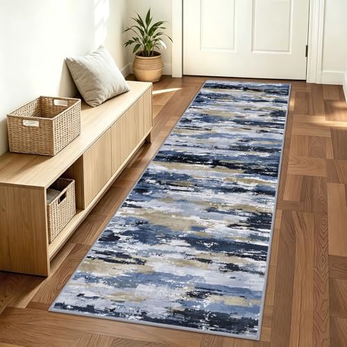 Abstract Washable 2x6 Runner Rug Non Slip Runners for Hallway | Navy Blue Multi;Thin Printed Faux Wool Kitchen Rug Runner;6ft Carpet Runners;Non Skid Runners for Entryway,Bedroom - color: Navy / Blue / Taupe, size: 2' x 6' (Runner)
