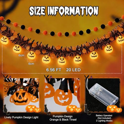 Halloween Garland with Lights, Halloween Tinsel Garland 10FT 20LED - color: Orange Black