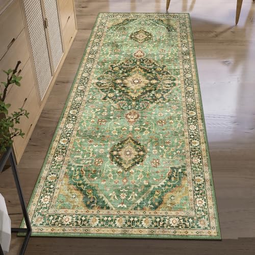 3x7 Runner Rugs for Hallway Non-Slip Hallway Runner Rug with Rubber Backing Washable Rug Runner for Kitchen Bedroom Vintage Distressed Carpet (Border Green) - color: Border Green, size: 3'x7'