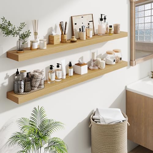 Fun Memories 55 Inch Floating Shelves Bedroom, Large Extra Floating Shelf Set of 2 with Invisible Brackets, Oak - color: Oak, size: 55"