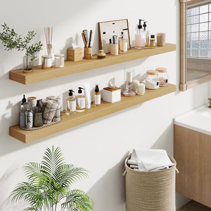 Fun Memories 55 Inch Floating Shelves Bedroom, Large Extra Floating Shelf Set of 2 with Invisible Brackets, Oak - color: Oak, size: 55"