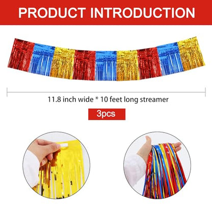BEISHIDA Red Blue Gold Fringe Garland Banner 30ft Wall Tinsel Foil Streamer - color: Gold Red Blue