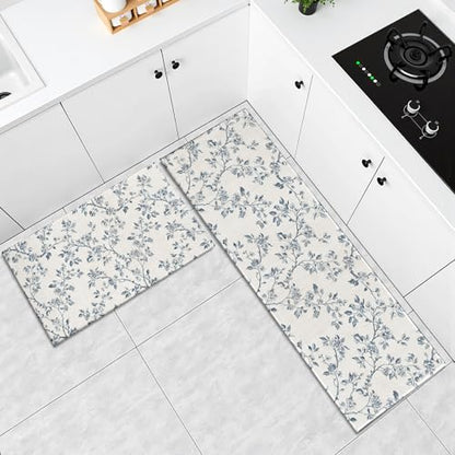 Blue Floral Kitchen Rugs 2 Pcs Blue and White Chinoiserie Flower Kitchen Mat Non Slip Comfort Standing Mat Rug for Kitchen Sink Laundry Bedroom Bathroom, Dusty Blue - color: Dusty Blue